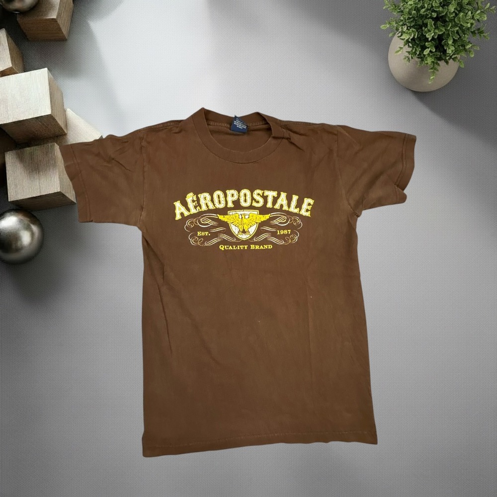 Vintage Aeropostale Brown Graphic T-Shirt Small Y2K Eagle Crest Skater Tee